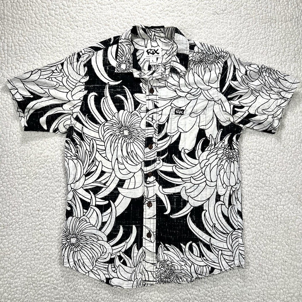 Rix Hawaiian Aloha Shirt Size Lrg Black White Floral Made in Hawaii Tropical